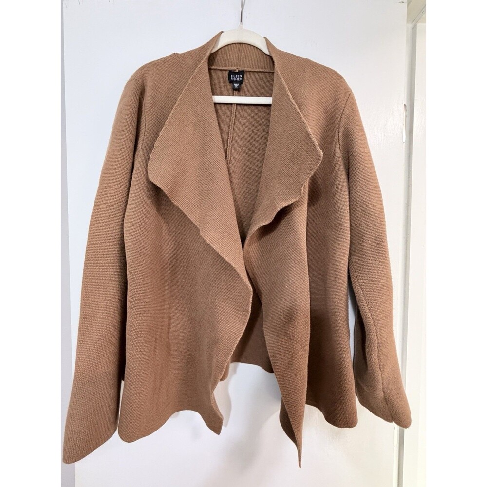Eileen Fisher Hazelnut Brown Knit Interlock Drape Front Cardigan size XL cotton